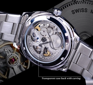 Detailed macro view of the transparent case back showing the automatic mechanical movement