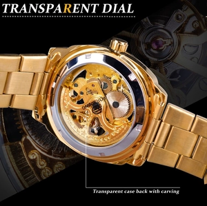 Detailed close-up of the transparent gold skeleton watch back showing mechanical movement