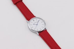 Detail view of MREURIO watch with red leather strap, silver case and blue hands on white dial
