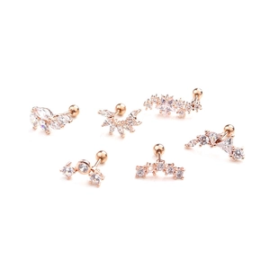 Leaf and star stainless steel cartilage earrings with cubic zirconia in rose gold and gold