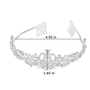 Silver crystal bridal tiara for weddings with rhinestones, 4.92 inch diameter and combs