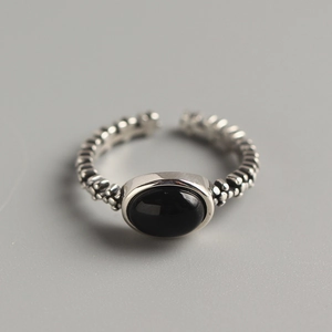 925 Sterling Silver Black Agate Ring Vintage Oval Gemstone Adjustable Open Beaded Texture Jewelry For Women