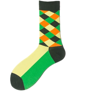 Chaussettes mi-hautes en coton avec motif Argyle vert et orange au design losange tricoté