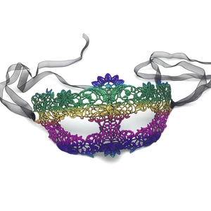 Detailed macro view of colorful lace masquerade mask with vibrant iridescent texture