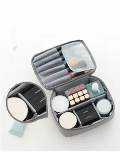 Detail view of large nylon cosmetic bag with adjustable velcro dividers for organization