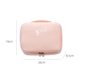Pink memory fabric cosmetic bag with handle showing dimensions 26cm x 19cm x 8.5cm
