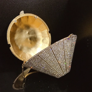 Detailed view of silver rhinestone shell evening bag with gold lining and metal chain