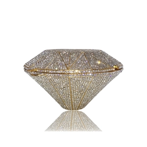 Diamond-shaped gold evening clutch bag fully covered with sparkling crystal rhinestones