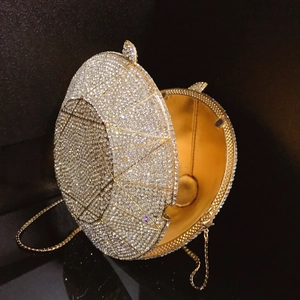 Luxurious spherical diamond-shaped evening clutch bag with sparkling white crystals