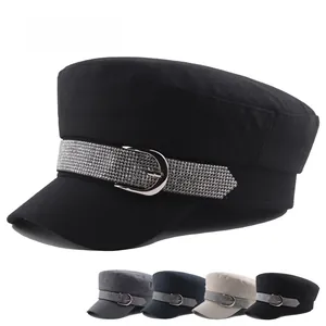 Women's flat top army hat with sparkling rhinestone band available in four stylish colors