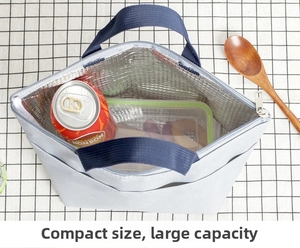 Internal view of gray insulated lunch bag with foil lining showing storage capacity