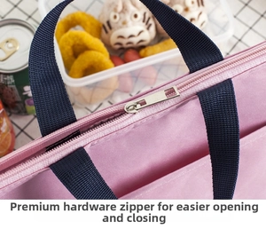 Close-up of durable metal zipper on pink waterproof lunch bag with reinforced stitching
