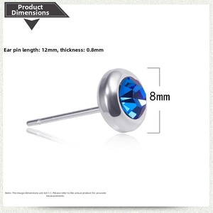 Macro detail of 8mm blue sapphire stud earring with 12mm stainless steel post dimensions