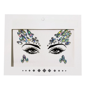 Detail of holographic face crystal stickers showing water drop and round resin rhinestones