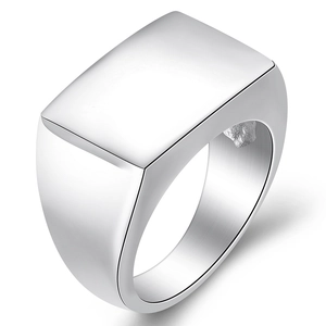 Polished silver stainless steel rectangular signet ring for women with flat top surface