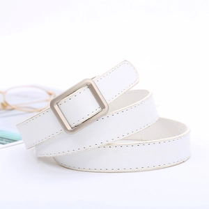 Minimalist white PU leather belt with square metal buckle on a pure white background