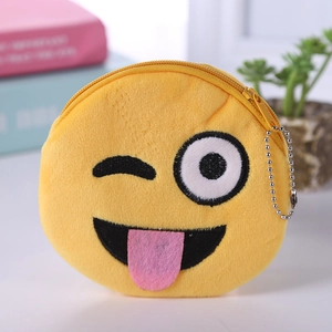Cute yellow plush emoji coin purse with winking face embroidery and silver chain
