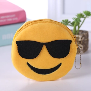 Cute yellow plush emoji coin purse with sunglass face and a metal bead chain hook