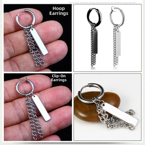 Detail view of steel hoop earring with tassel chains and rectangular pendant charm