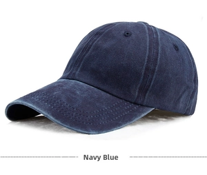 Detailansicht der marineblauen Baseballkappe aus gewaschenem Denim mit Vintage-Effekt