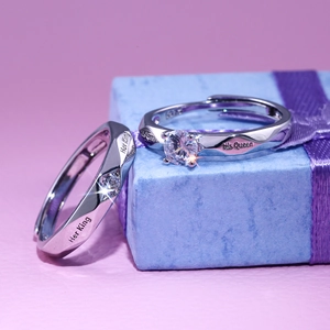 S925 silver couple rings with Her King and His Queen engravings and zircon stones