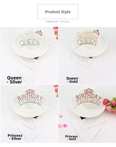 Détail de serre-têtes Birthday Queen et Princess avec strass en finitions or et argent