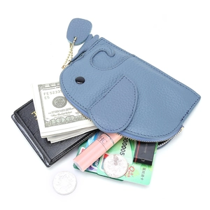 Blue elephant genuine leather coin purse with zipper and wrist strap showing storage capacity