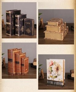 Dettaglio di vari modelli di libri finti vintage decorativi per ufficio o bar