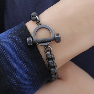 Men's gunmetal stainless steel dumbbell T-bar bracelet with textured chain links