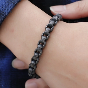 Gunmetal stainless steel dumbbell bracelet with textured rectangular links for men