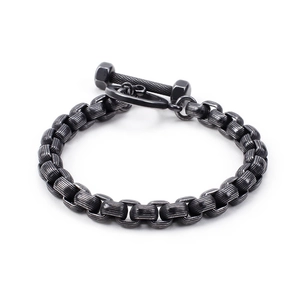 Industrial black steel dumbbell chain bracelet with textured OT toggle clasp for men
