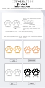 Detailed view of paw print stud earrings in four colors with 12x11mm dimensions