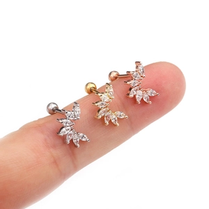 Leaf-shaped zircon stud earrings in silver, gold, and rose gold stainless steel sets