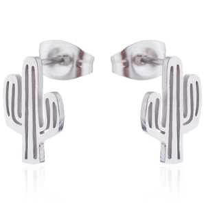 Minimalist cactus shaped stud earrings in polished silver metal finish with reflection