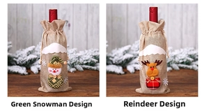 Detail of burlap Christmas wine bottle covers with snowman and reindeer 3D embroidery