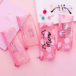 Cute pink translucent cat pencil case with waterproof PVC and minimalist animal pattern