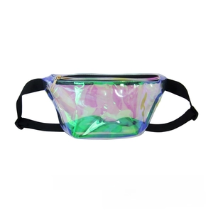 Close-up detail of the holographic PVC fanny pack with iridescent neon finish.