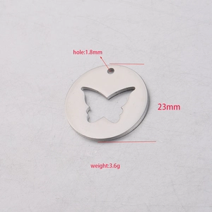 Polished stainless steel round pendant with butterfly cut-out design, 23mm diameter