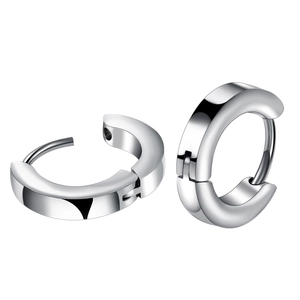 Minimalist silver stainless steel hoop earrings with polished finish on white background