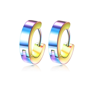 Close-up of rainbow gradient stainless steel hoop earrings with reflective finish