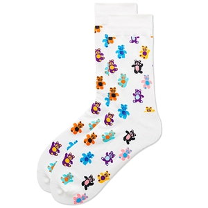 White crew socks with colorful all-over bear print pattern for men and women