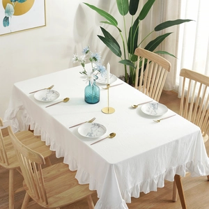 White European minimalist washed cotton tablecloth with ruffled edges for home decoration