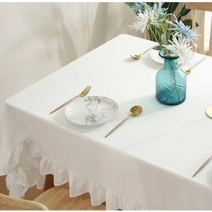 White European style ruffled cotton tablecloth with elegant lace trim for home decor