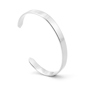 Polished silver-tone C-shaped titanium steel open cuff bracelet on white background