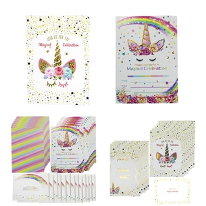 Unicorn party invitation set with rainbow envelopes and gold glitter celebration cards