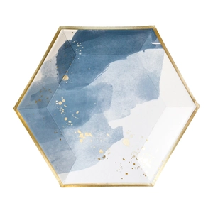 Piatto di carta esagonale acquerello blu con bordo dorato per decorazione da festa