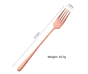 Macro detail of rose gold stainless steel dinner fork showing 21.3cm length dimensions