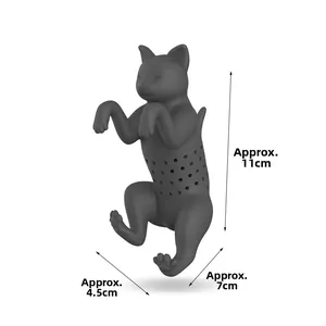 Detail view of the black silicone cat tea infuser with dimension labels Approx. 11x7x4.5cm