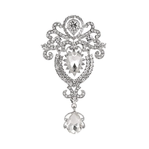Elegant silver crown brooch with shimmering crystals and pear-shaped rhinestones