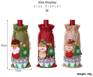 Size display of linen Christmas wine bottle bags with Santa and Snowman motifs